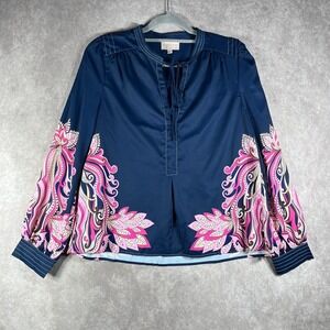 Ciebon Top Womens Size Small Blue Pink Floral Paisley Long Sleeve Tie Neck Artsy